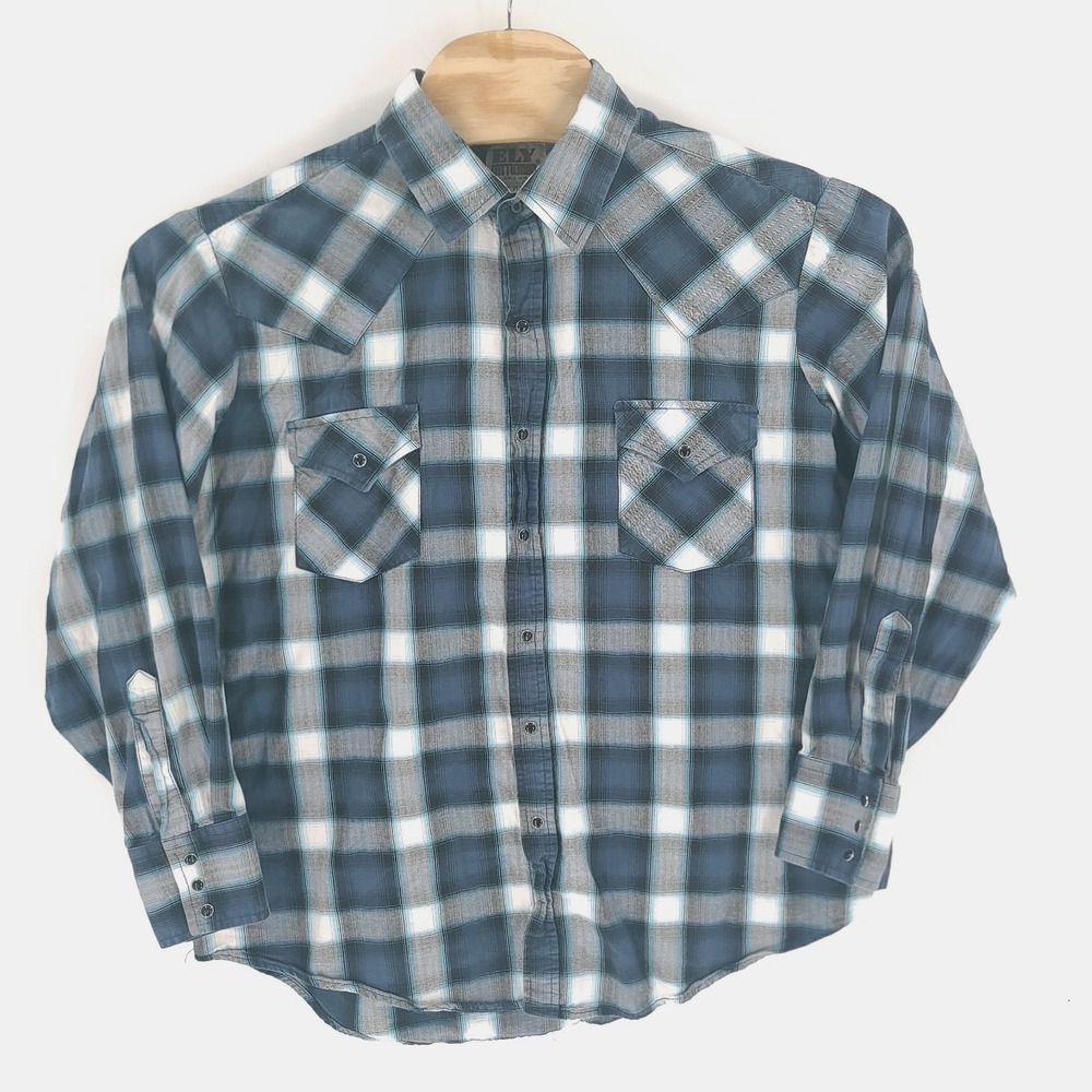 Ely Cattleman Shirt Mens Extra Large Blue Plaid Western Pearl Snap Long Sleeve